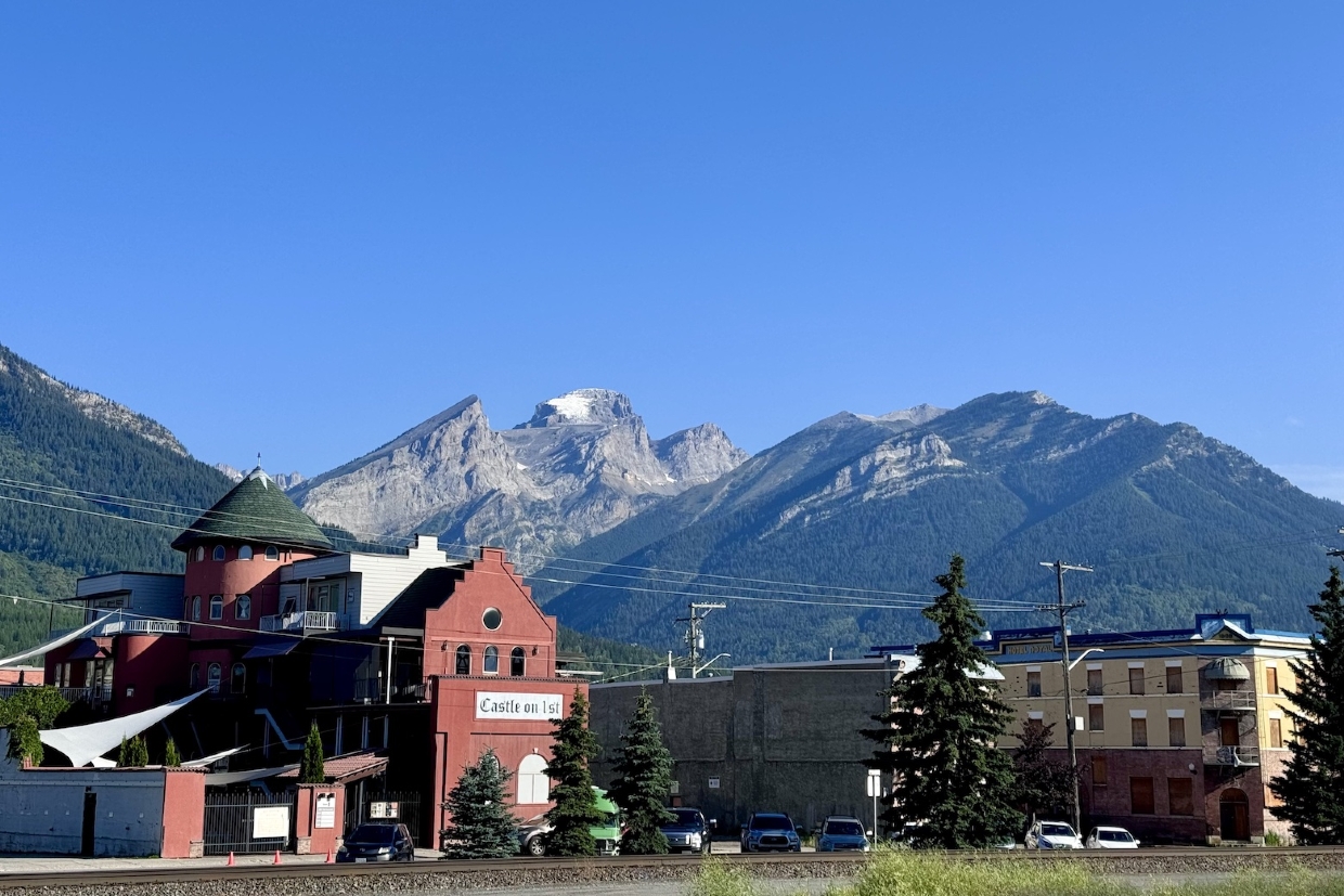 Downtown Fernie looking North towards the Three Sisters. 8.55am, Wednesday, July 16th, 2025.
